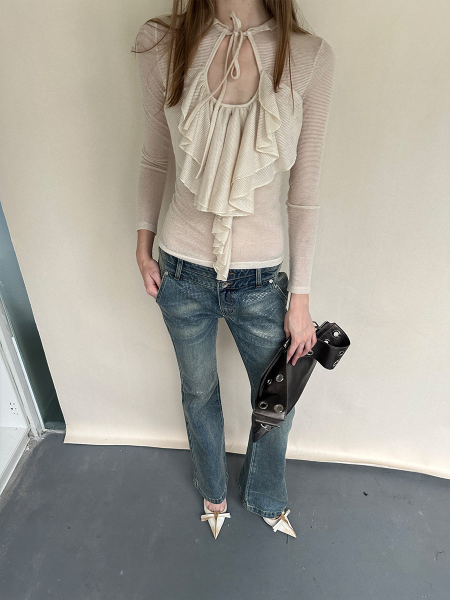 Dotyears Sheer Apricot Shimmer Layering Top with Ruffle Hem