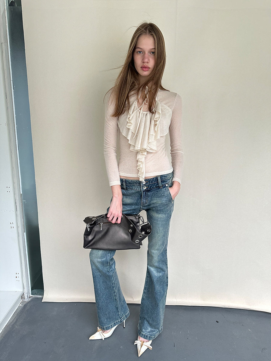 Dotyears Sheer Apricot Shimmer Layering Top with Ruffle Hem