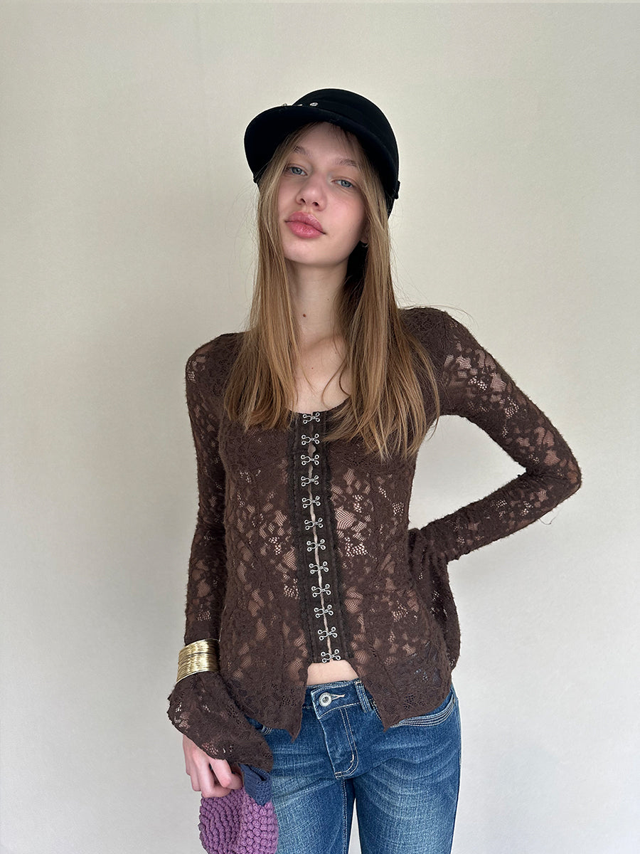 Dotyears Brown Lace-Up Bell Sleeve Cardigan