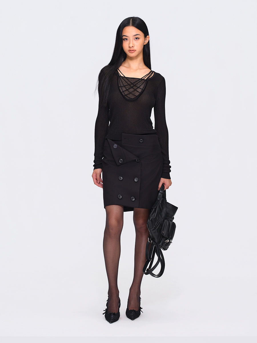 Dotyears Black Button-Detailed A-Line Blazer Skirt