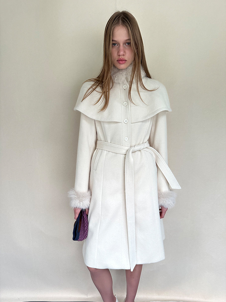 Dotyears White Cape-Style Coat with Detachable Faux Fur Collar