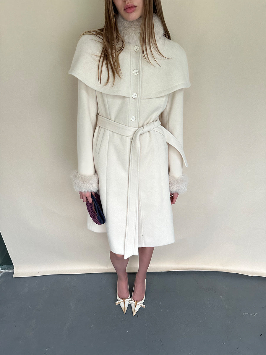 Dotyears White Cape-Style Coat with Detachable Faux Fur Collar