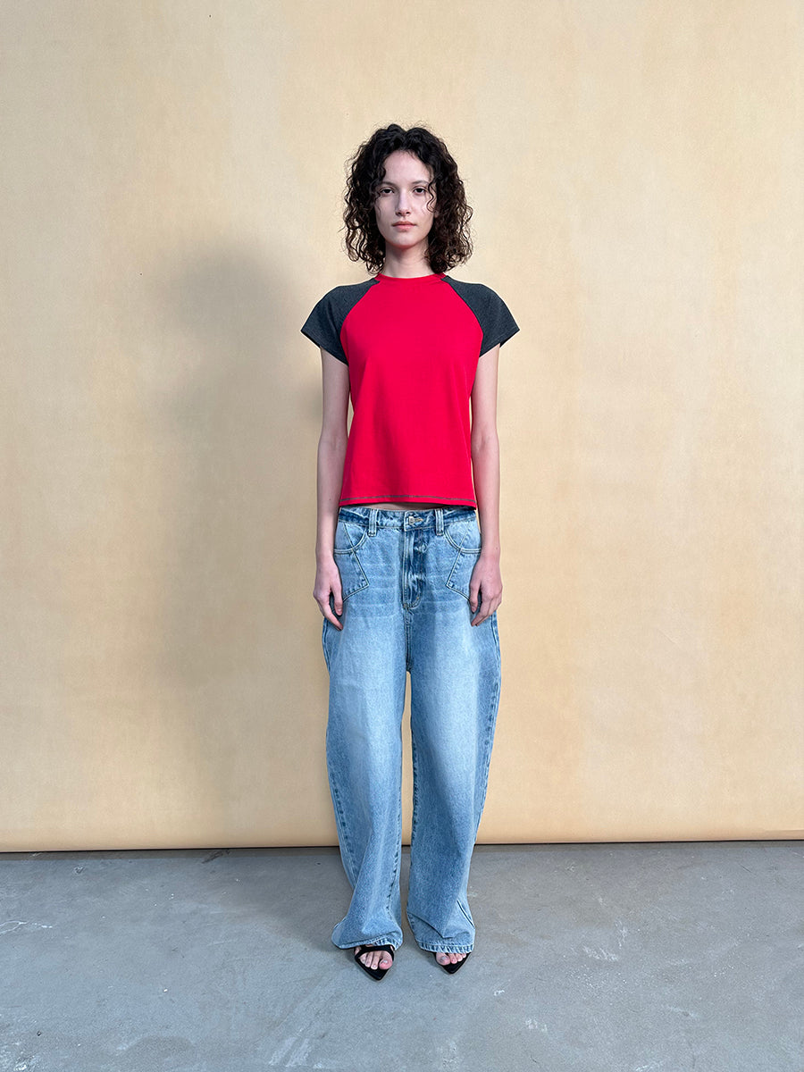 Hughum Raglan Sleeve Color-Blocked Cotton-Feel Short-Sleeve T-Shirt