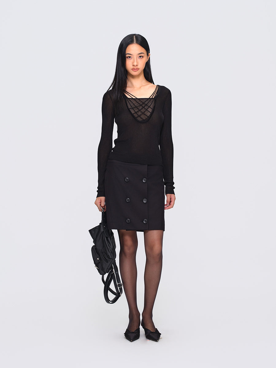 Dotyears Black Button-Detailed A-Line Blazer Skirt