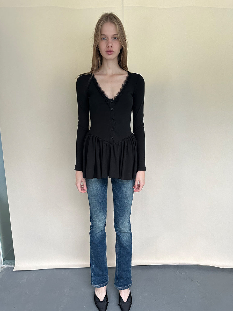 Dotyears Long Black Layering Top with Lace Panels