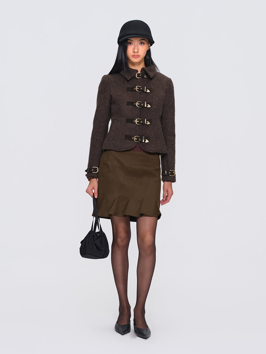 Dotyears Brown Short Wool Coat with Metal Buttons and Special Backing Fabric