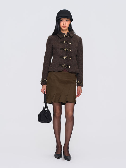 Dotyears Brown Short Wool Coat with Metal Buttons and Special Backing Fabric