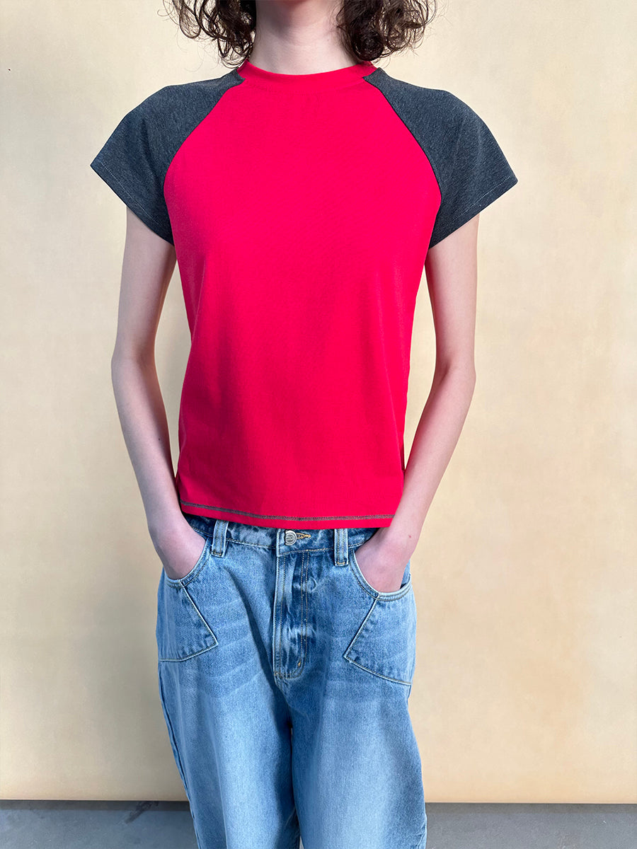 Hughum Raglan Sleeve Color-Blocked Cotton-Feel Short-Sleeve T-Shirt