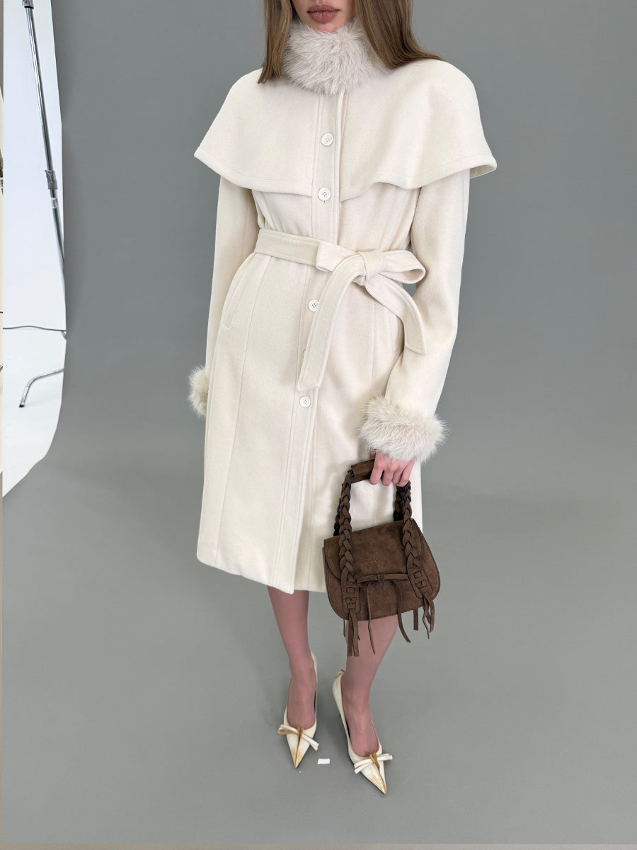 Dotyears White Cape-Style Coat with Detachable Faux Fur Collar
