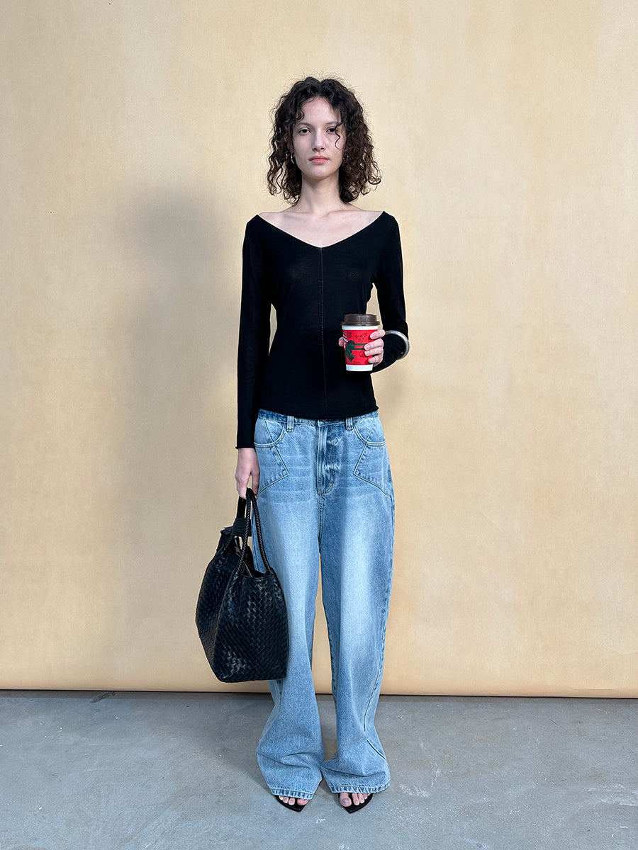 Hughum V-neck Tencel knit cut-out yellow black long sleeves