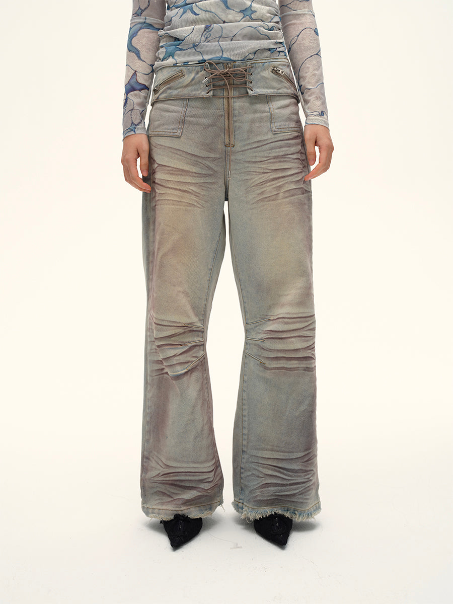 Dotyears24AW Niche original design retro distressed purple gray wide-leg strappy jeans