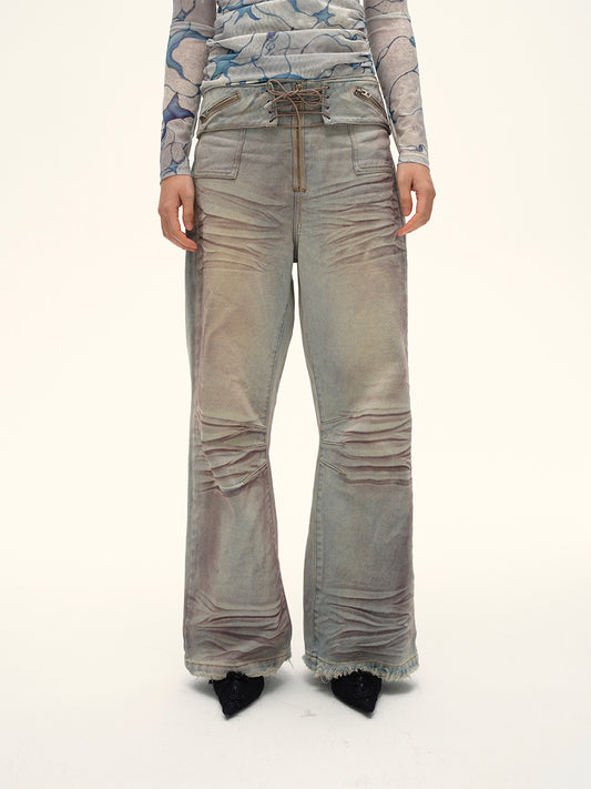 Dotyears24AW Niche original design retro distressed purple gray wide-leg strappy jeans