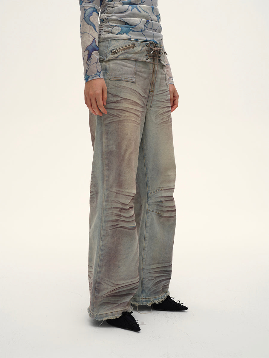 Dotyears24AW Niche original design retro distressed purple gray wide-leg strappy jeans