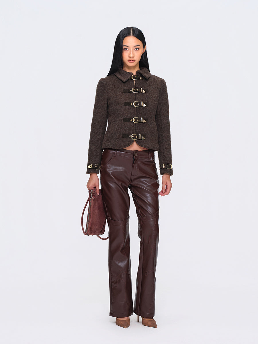 Dotyears Brown Short Wool Coat with Metal Buttons and Special Backing Fabric