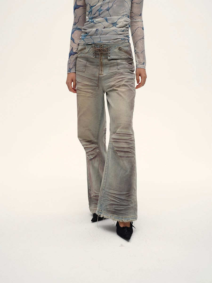 Dotyears24AW Niche original design retro distressed purple gray wide-leg strappy jeans