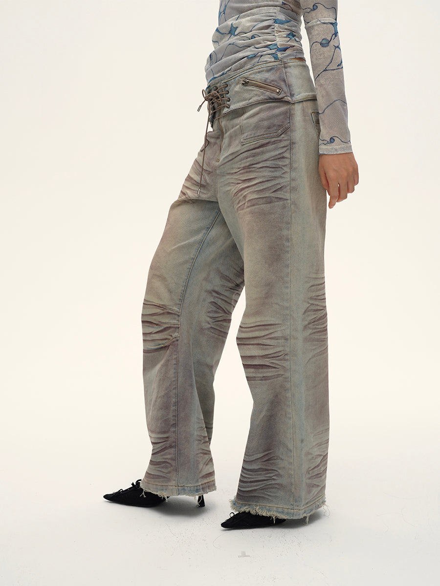 Dotyears24AW Niche original design retro distressed purple gray wide-leg strappy jeans