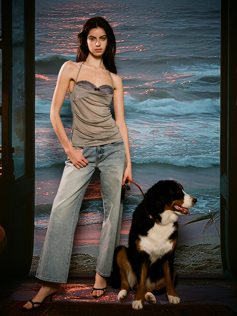 Dotyears Purple panelled chest cups, ruched fit, faux-two-piece suspenders