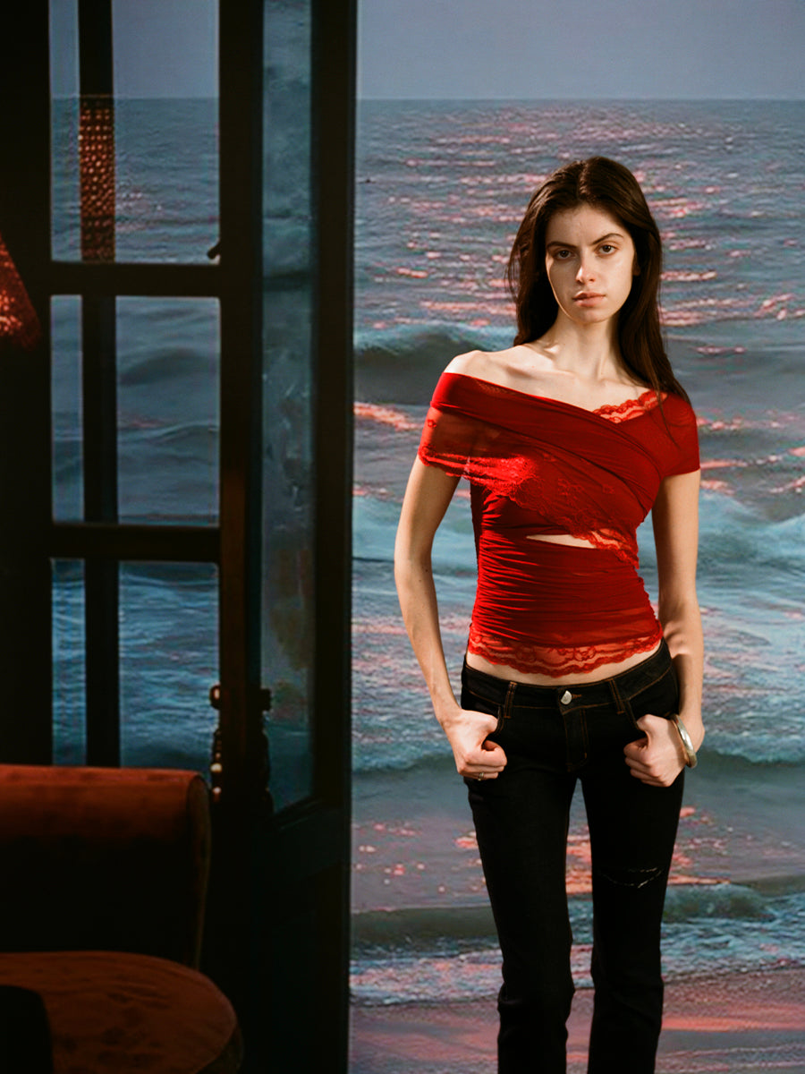 Dotyears Two-tone mesh and lace panelled crossover top