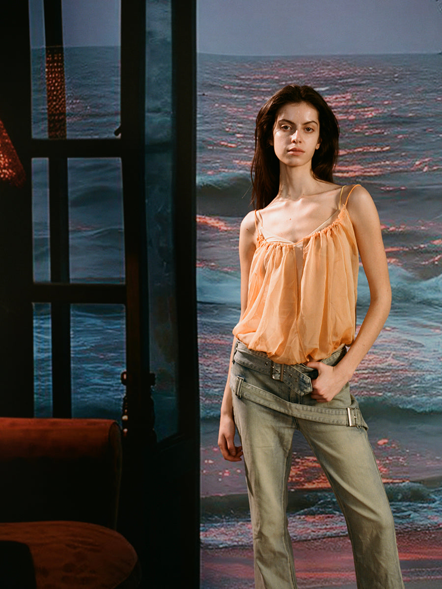 Dotyears Orange and yellow fake two-piece sheer sling