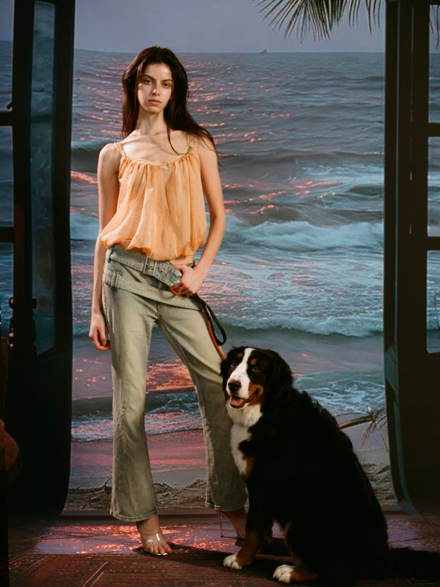 Dotyears Orange and yellow fake two-piece sheer sling