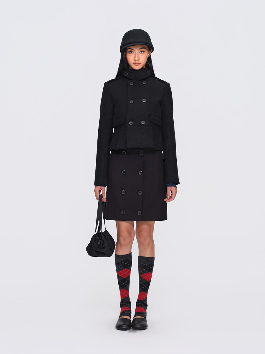 Dotyears Black Short Heavyweight Wool Blend Button-Front Coat