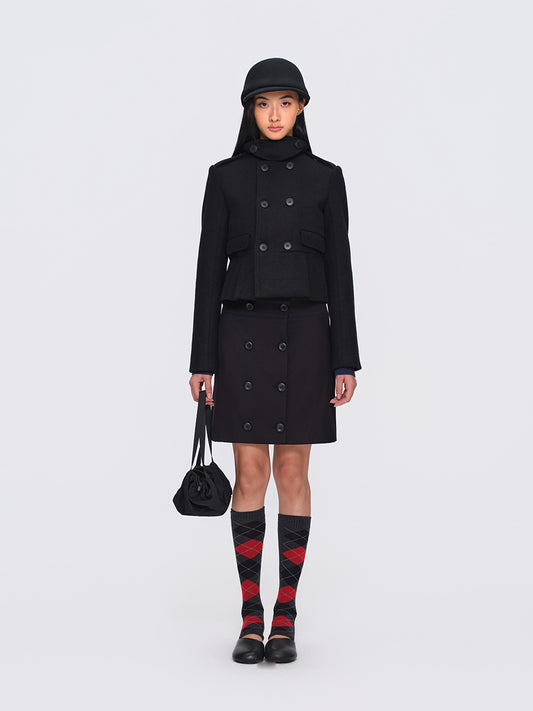 Dotyears Black Short Heavyweight Wool Blend Button-Front Coat