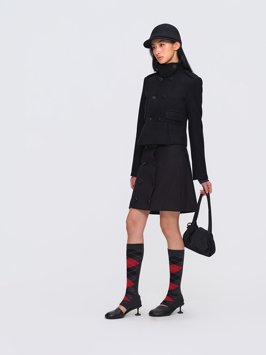 Dotyears Black Short Heavyweight Wool Blend Button-Front Coat