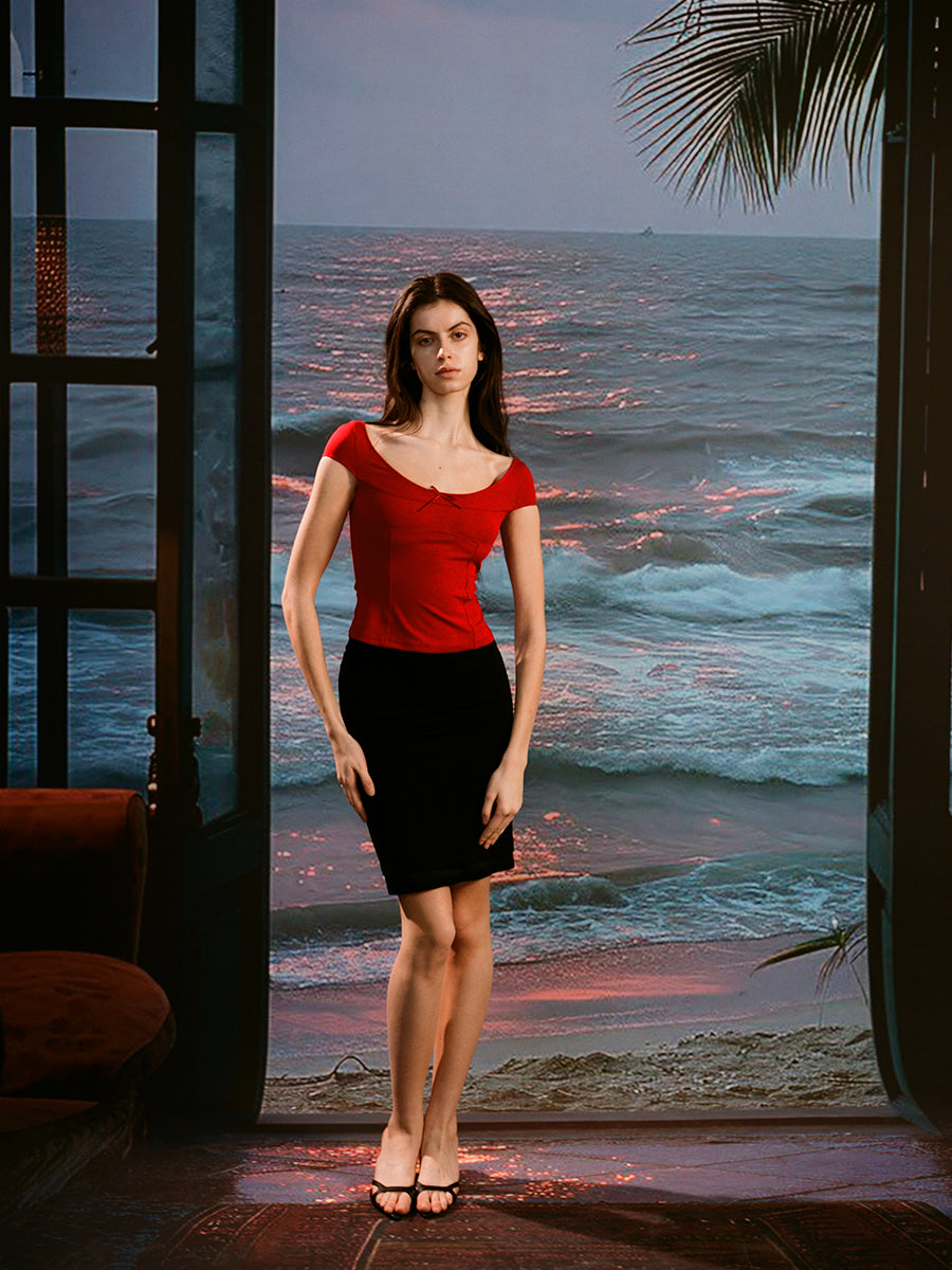 Dotyears Two-tone herringbone scoop neck basic fit slim fit T-shirt