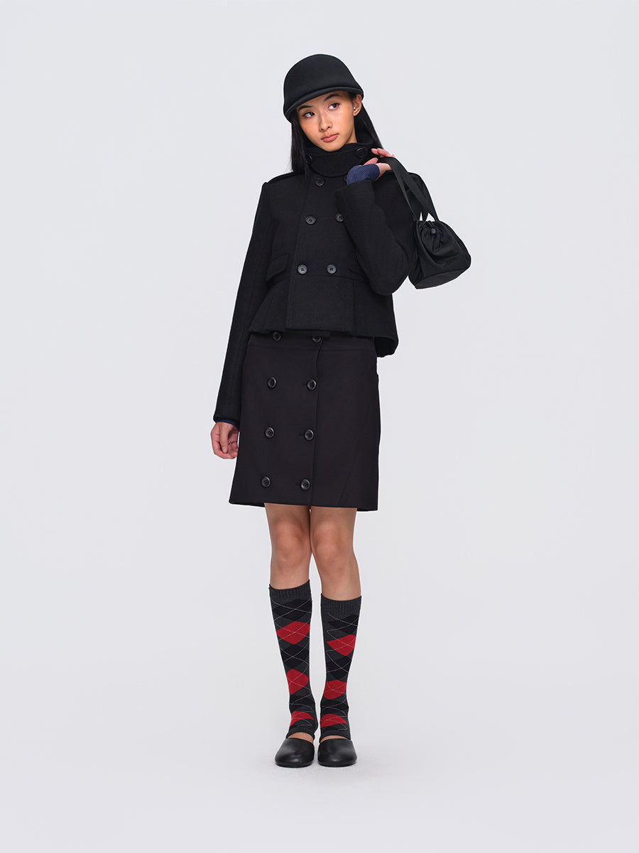 Dotyears Black Short Heavyweight Wool Blend Button-Front Coat