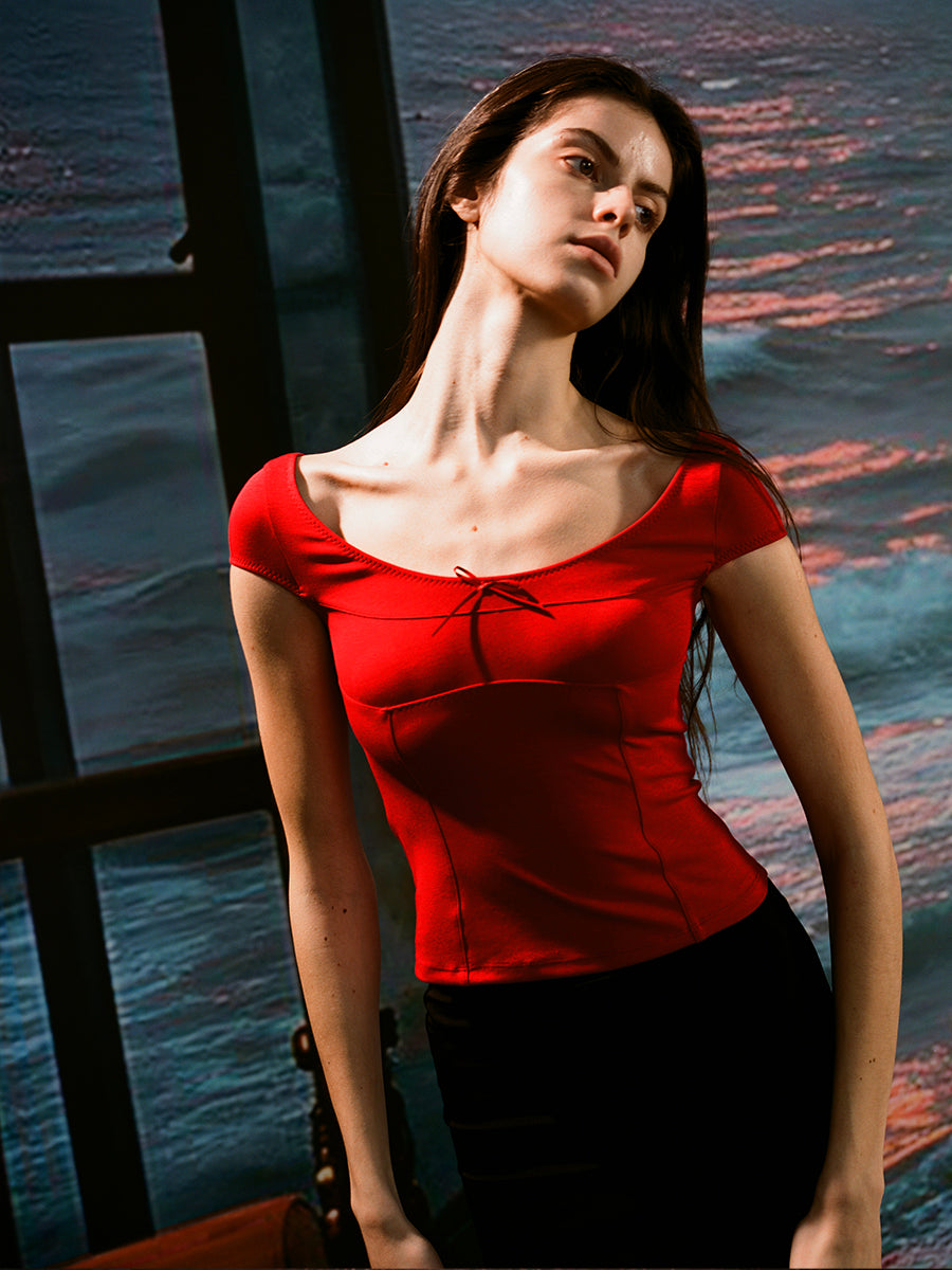 Dotyears Two-tone herringbone scoop neck basic fit slim fit T-shirt