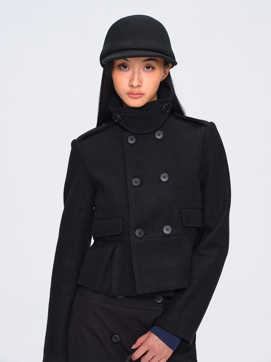 Dotyears Black Short Heavyweight Wool Blend Button-Front Coat