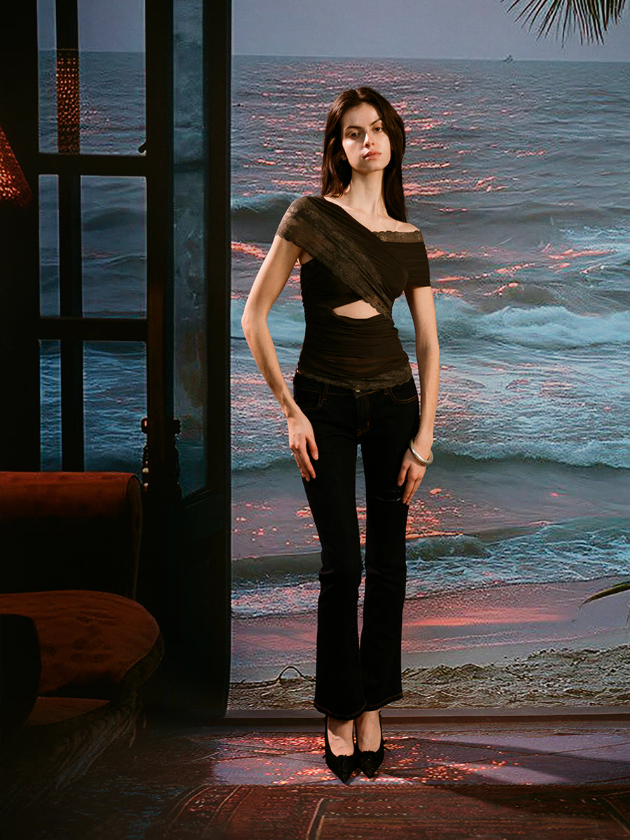 Dotyears Two-tone mesh and lace panelled crossover top