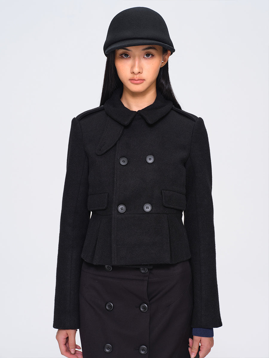 Dotyears Black Short Heavyweight Wool Blend Button-Front Coat