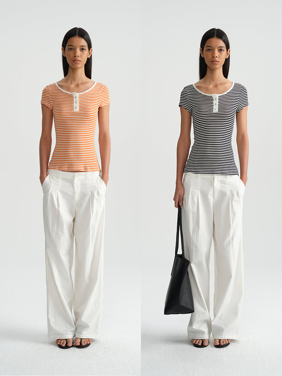 Hughum Orange navy blue sky silk knit crewneck waist T-shirt