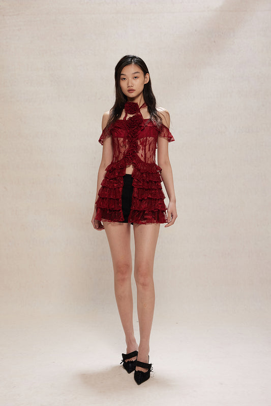 Dotyears24ss One-shouldered, two-tone black and red lace lace cardigan, midi top with lace tie