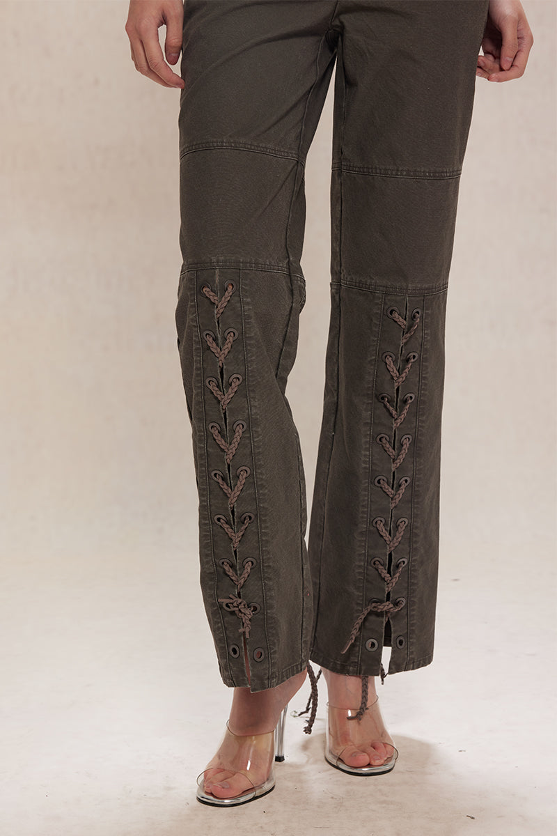 Dotyears24ss Lace-up design wash grey distressed straight-leg denim trousers