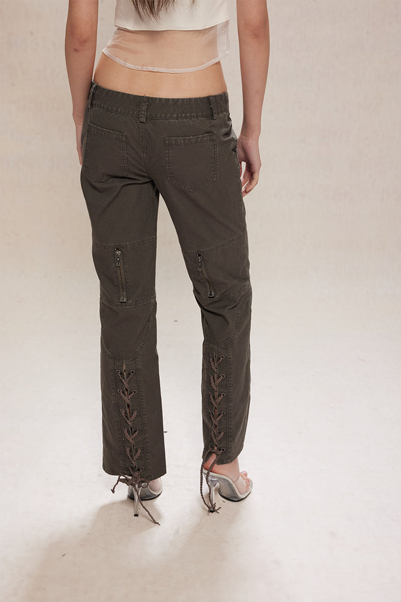 Dotyears24ss Lace-up design wash grey distressed straight-leg denim trousers