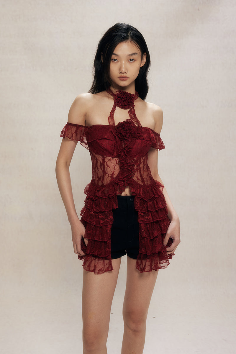 Dotyears24ss One-shouldered, two-tone black and red lace lace cardigan, midi top with lace tie