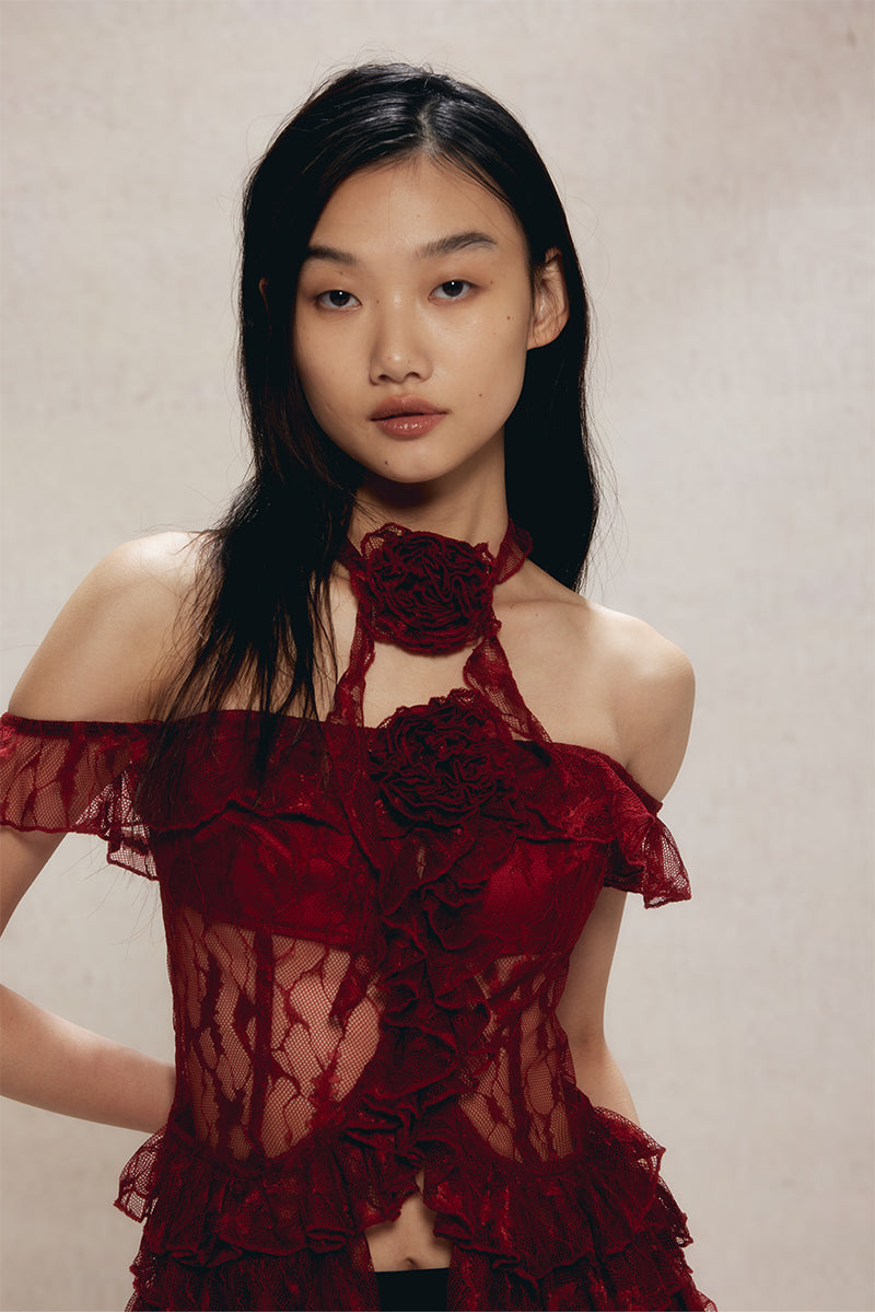 Dotyears24ss One-shouldered, two-tone black and red lace lace cardigan, midi top with lace tie