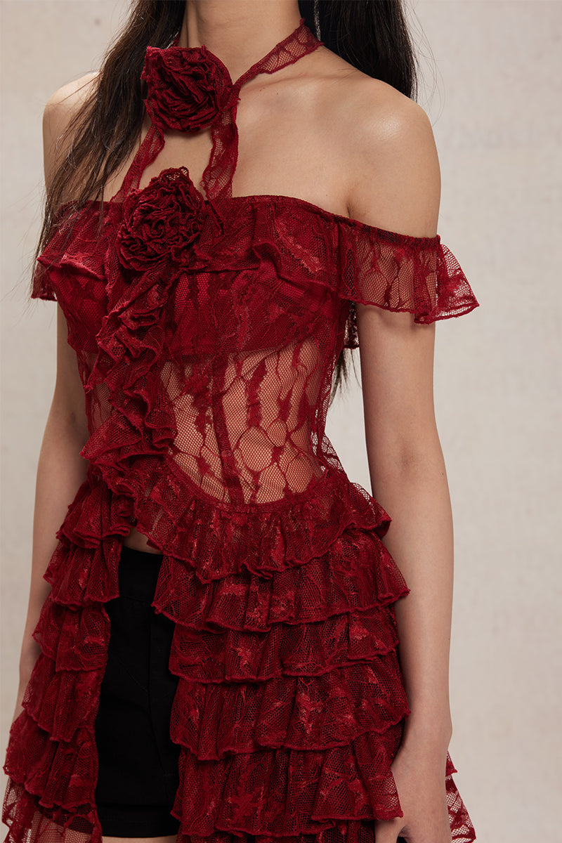 Dotyears24ss One-shouldered, two-tone black and red lace lace cardigan, midi top with lace tie