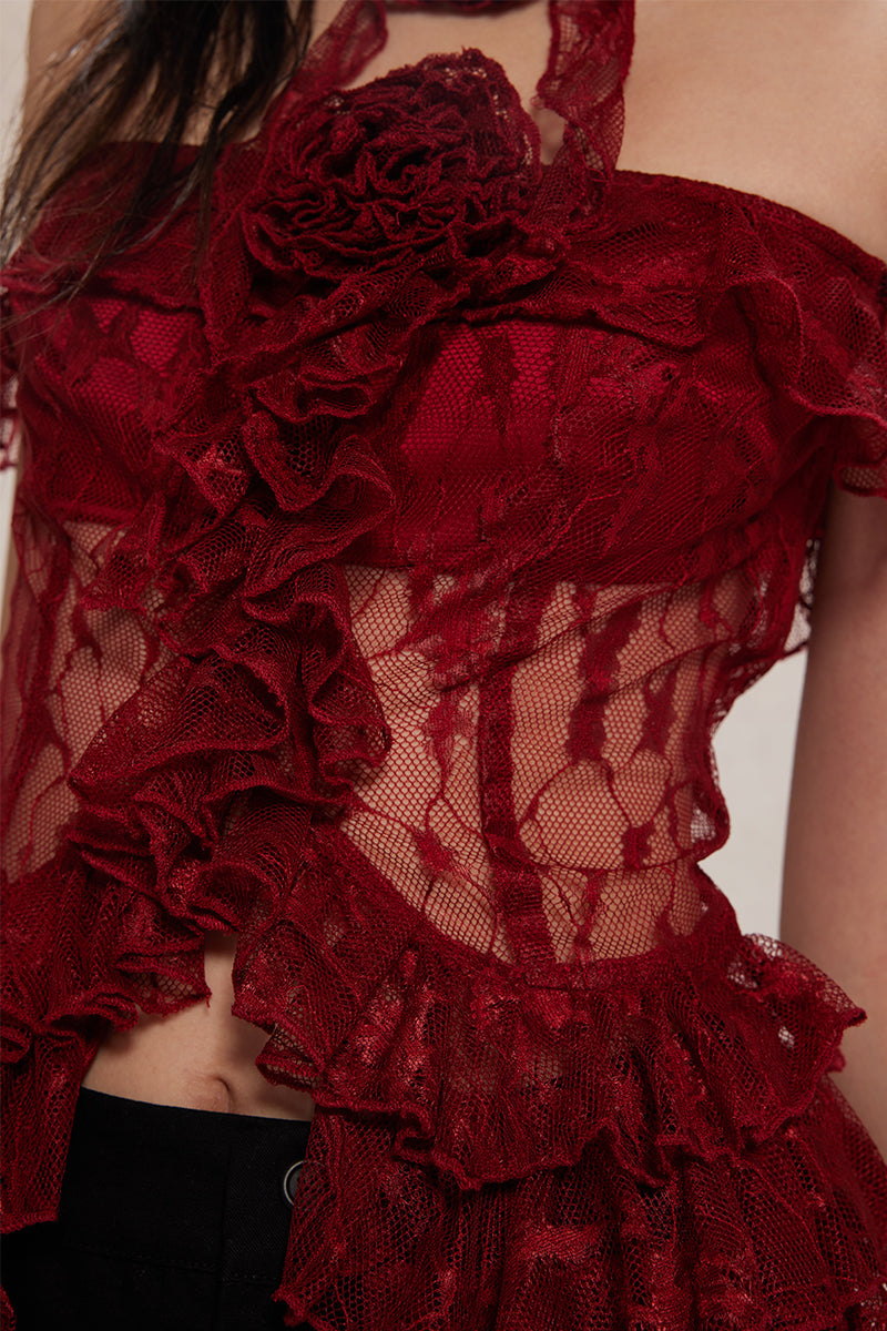 Dotyears24ss One-shouldered, two-tone black and red lace lace cardigan, midi top with lace tie