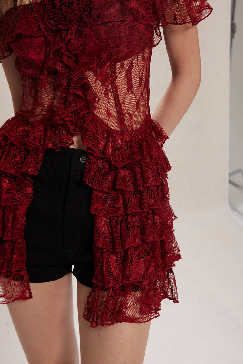 Dotyears24ss One-shouldered, two-tone black and red lace lace cardigan, midi top with lace tie