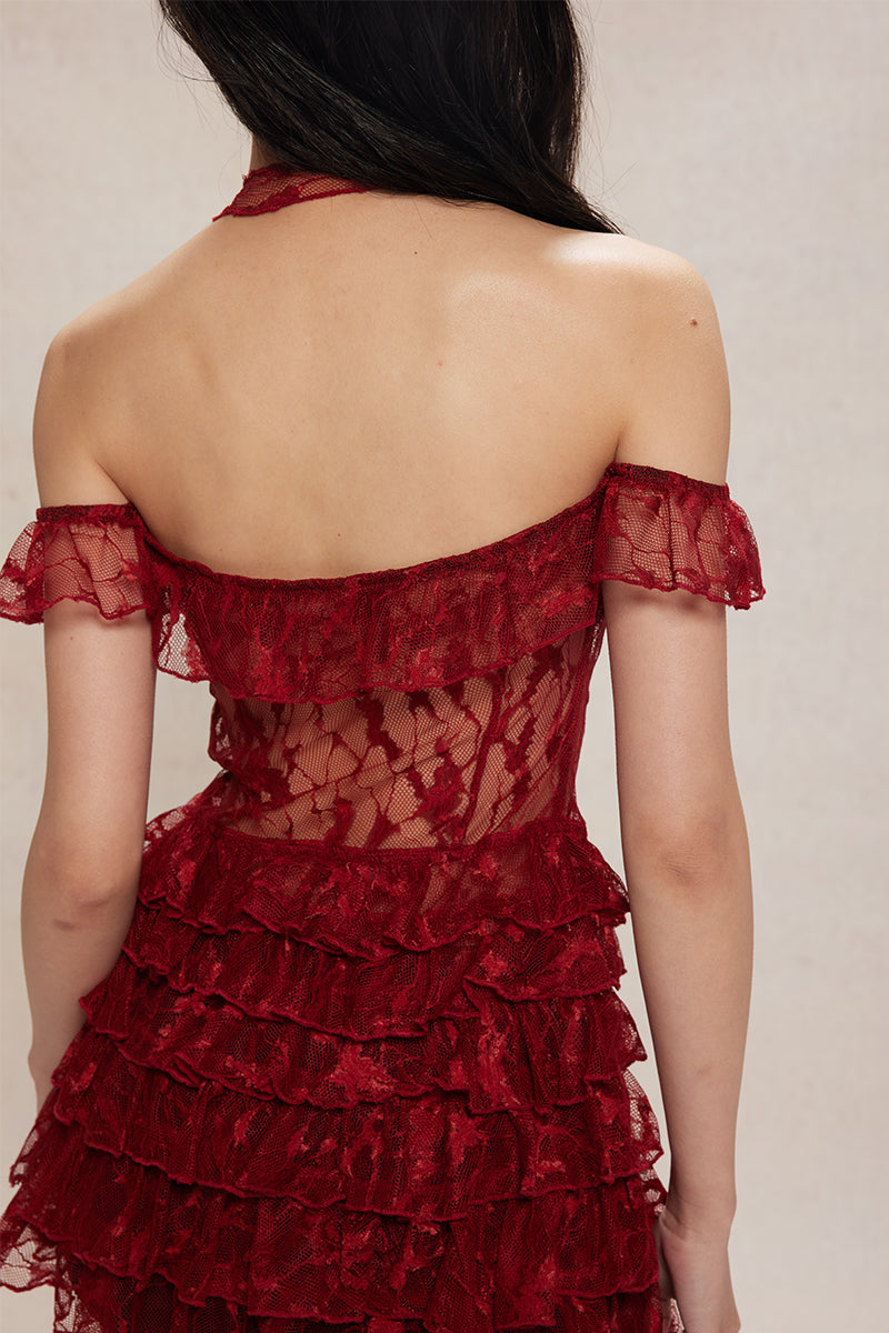 Dotyears24ss One-shouldered, two-tone black and red lace lace cardigan, midi top with lace tie