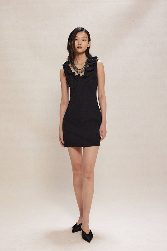 Dotyears24ss Commuter Series Black Ruffle Lace V-Neck Commuter Straight Denim Wash Dress