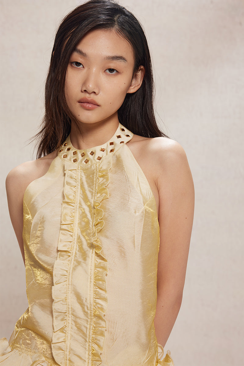 Dotyears24ss Silk thread wave lace neckline hot diamond pale yellow halterneck set Custom fabric