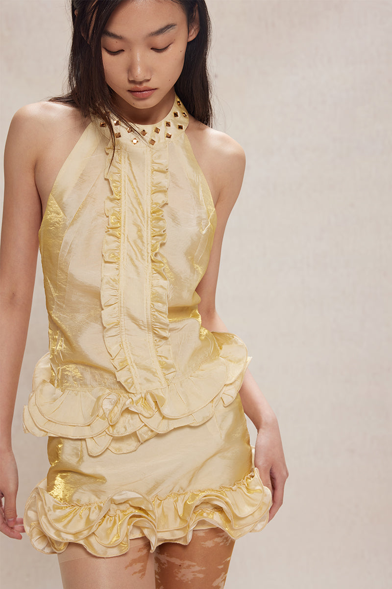 Dotyears24ss Silk thread wave lace neckline hot diamond pale yellow halterneck set Custom fabric