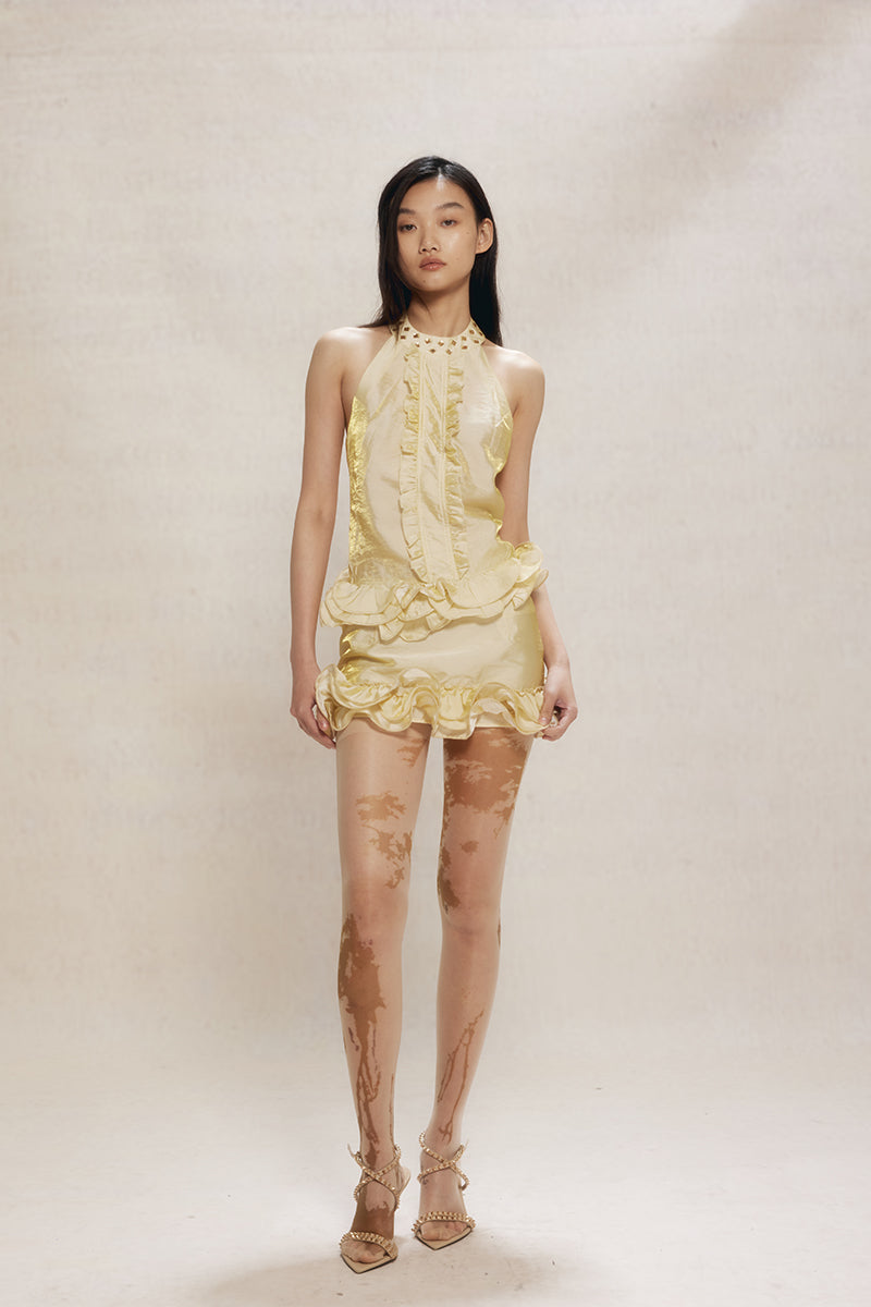 Dotyears24ss Silk thread wave lace neckline hot diamond pale yellow halterneck set Custom fabric