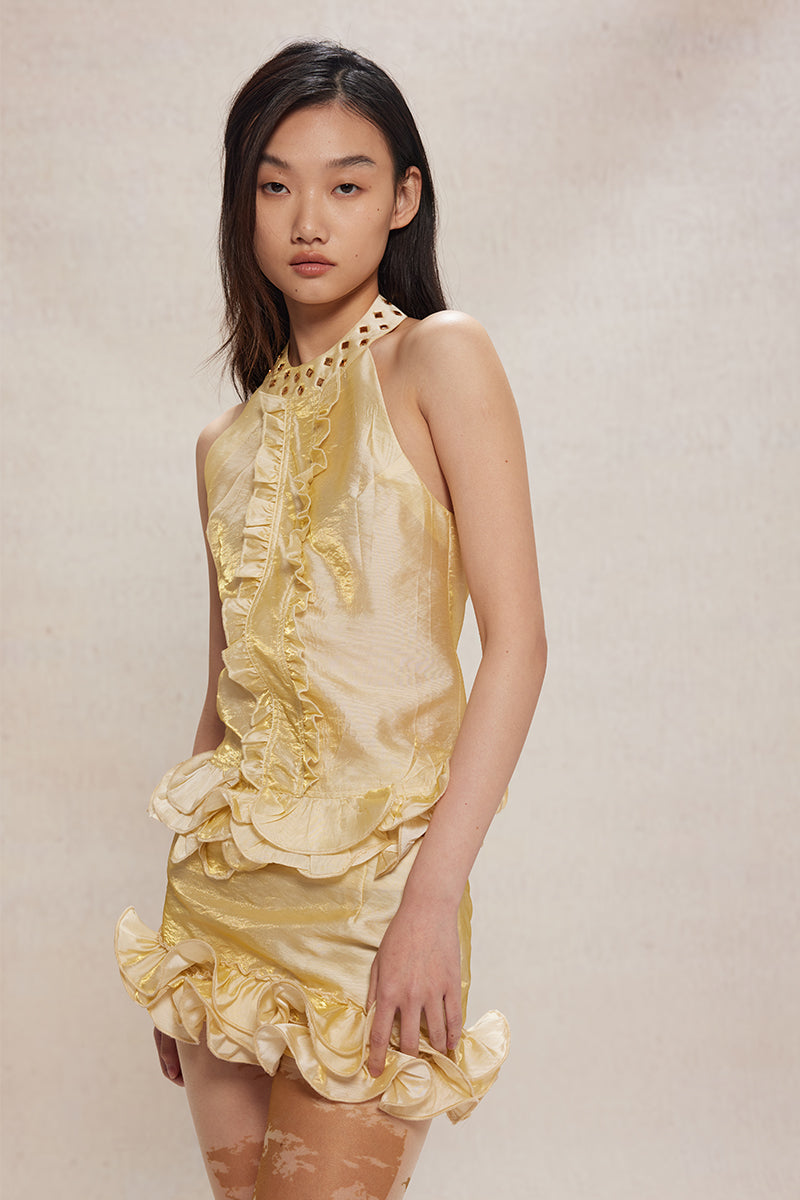 Dotyears24ss Silk thread wave lace neckline hot diamond pale yellow halterneck set Custom fabric