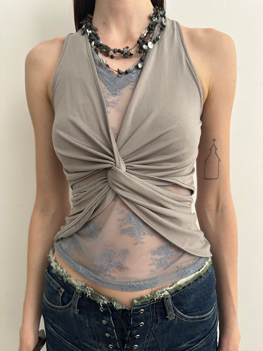 Dotyears two-tone lace panelled knitted kink vest