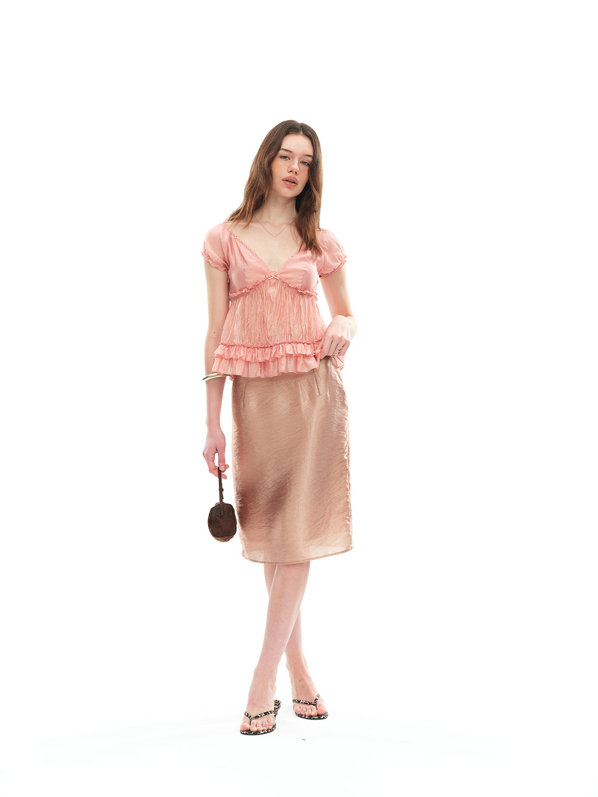 Dotyears V-Neck Viscose A-Line Grapefruit Rhinestone Blouse